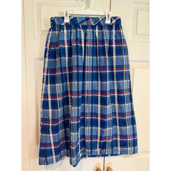 Vintage Blue Plaid Midi Skirt Pockets Picnic Retro Casual Everyday - Picture 4 of 6